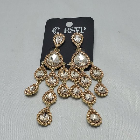 RSVP rose gold water drop chandelier clip earring with rhinestones - Picture 3 of 4